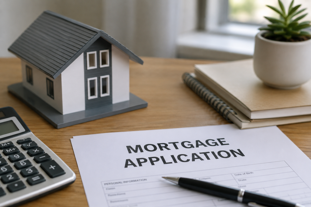 Mortgage application form with model house and calculator, illustrating the PMI vs LMI comparison for home loan down payments