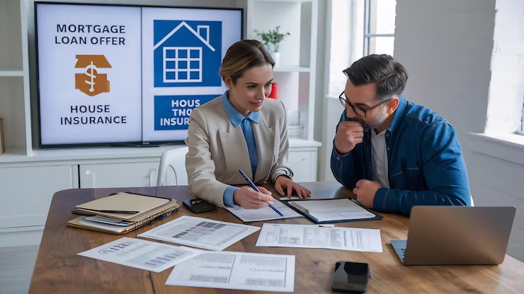 What is a mortgage — loan officer explaining mortgage loan offer and house insurance documents to a homebuyer