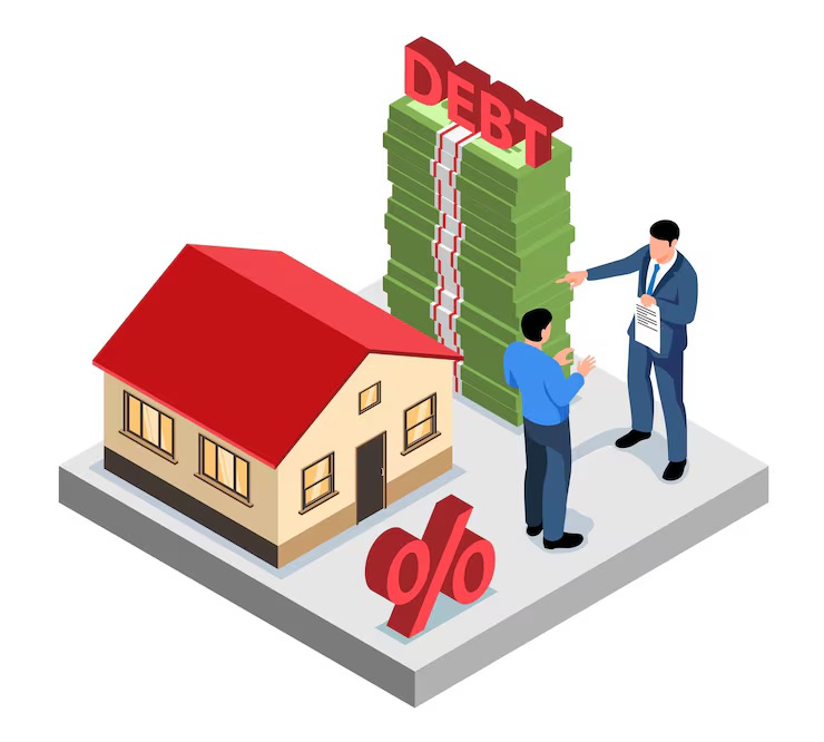 Principal vs interest illustration showing house, debt stack, percentage symbol, and lender explaining mortgage terms