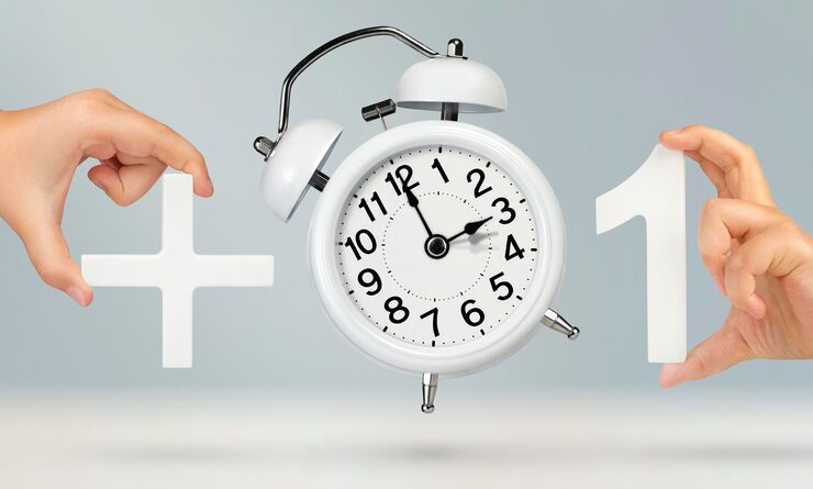 add time and subtract time concept with alarm clock and plus one hour symbols