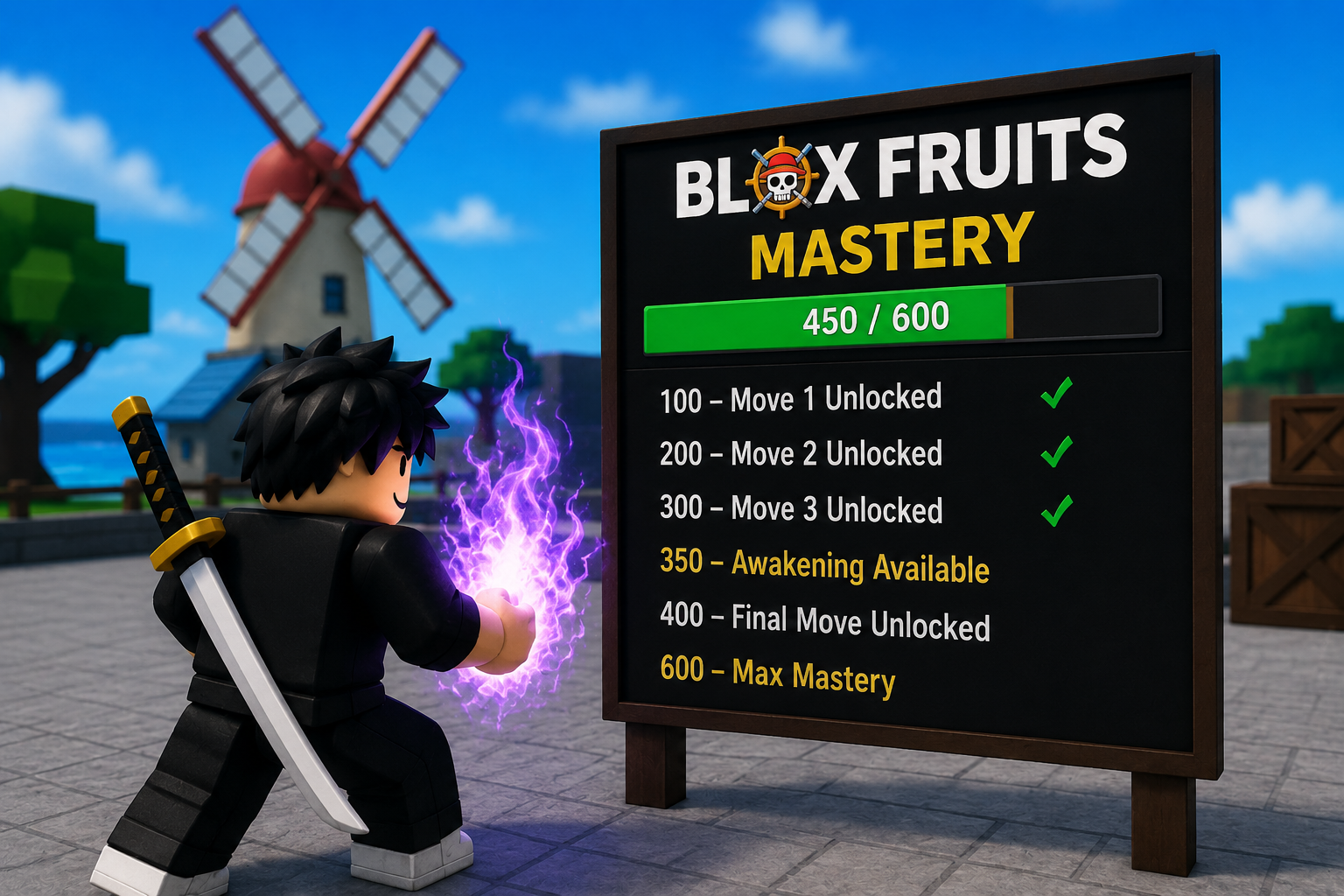 blox fruits mastery progress board showing 450 out of 600 milestone unlocks