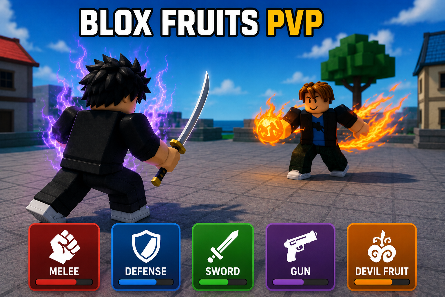 blox fruits pvp battle between sword and devil fruit user with five stat icons