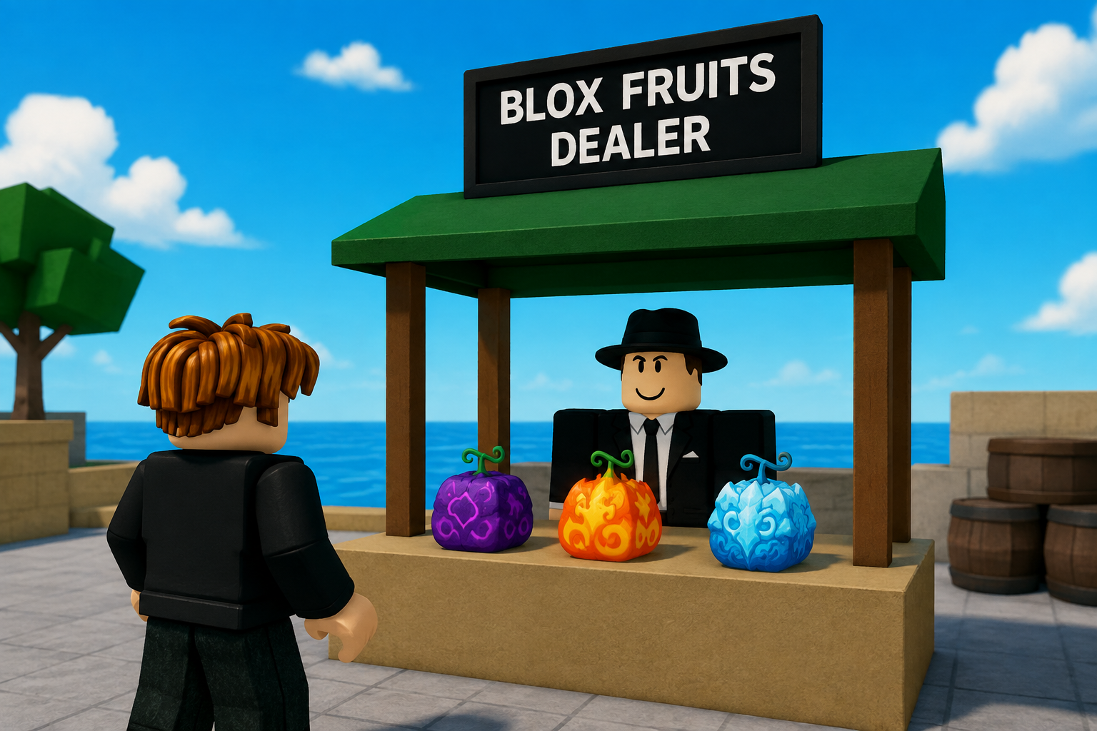 blox fruits stock dealer stand with player browsing three Devil Fruits for sale