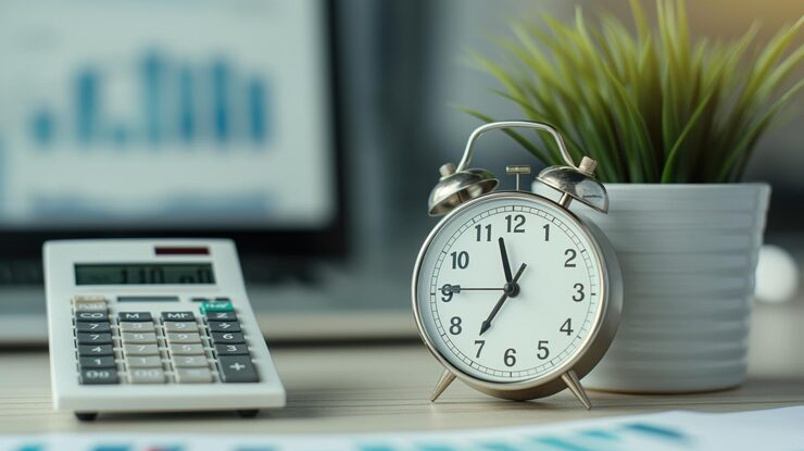 minutes to hours conversion desk setup with calculator and clock for calculating time