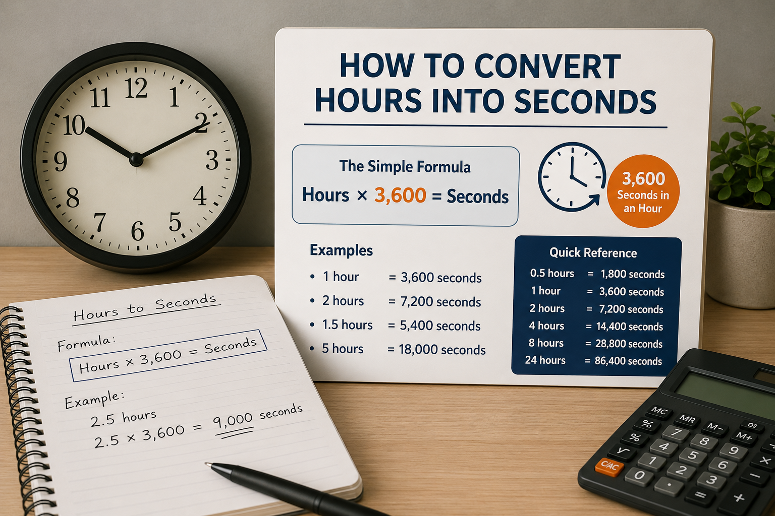 hours to seconds conversion chart with formula 3600 multiplier and examples