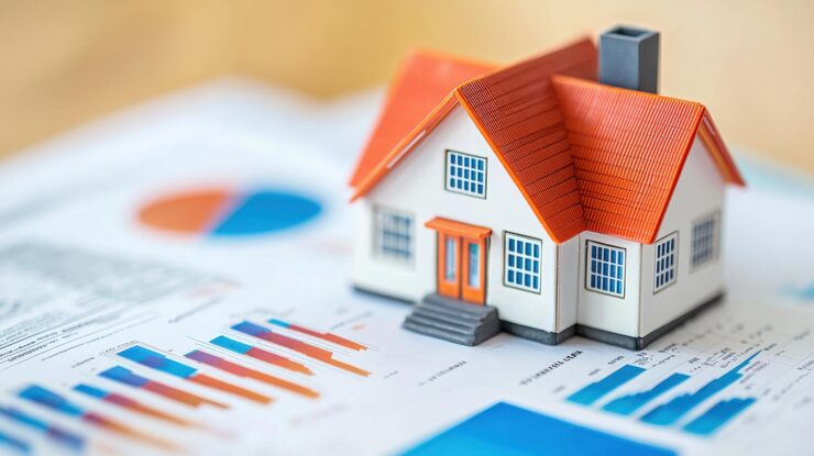credit score for mortgage - miniature house model on financial charts and graphs