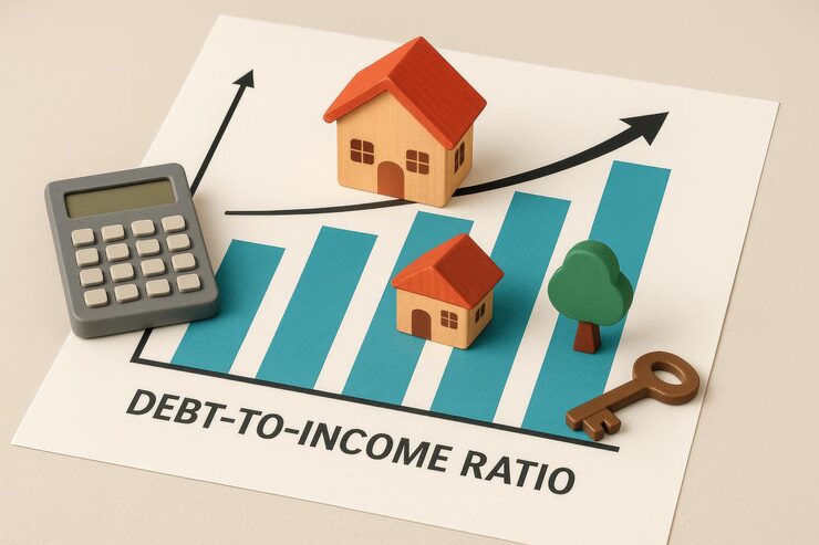 Debt to income ratio chart with wooden house models, calculator, and key illustrating mortgage affordability
