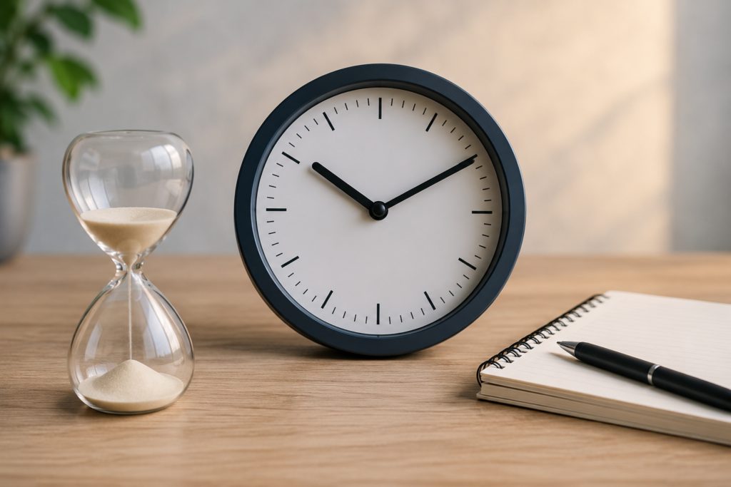 elapsed time hourglass and clock with notebook for tracking duration