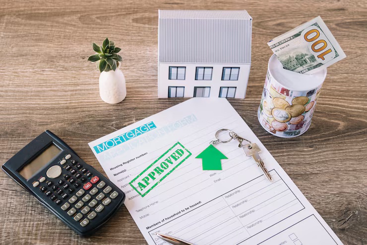 Extra mortgage payments concept with approved mortgage document, house model, calculator, and savings jar on wooden desk