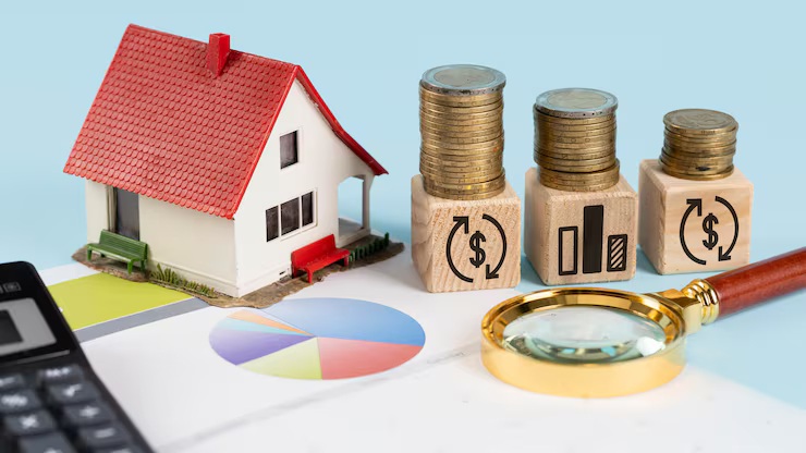 fixed vs adjustable rate mortgage - house model with coin stacks and calculator comparing loan rates