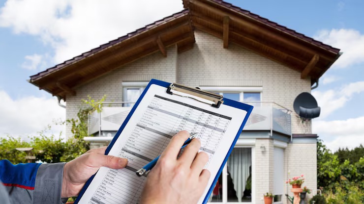 Mortgage documents checklist on clipboard held in front of house during home inspection