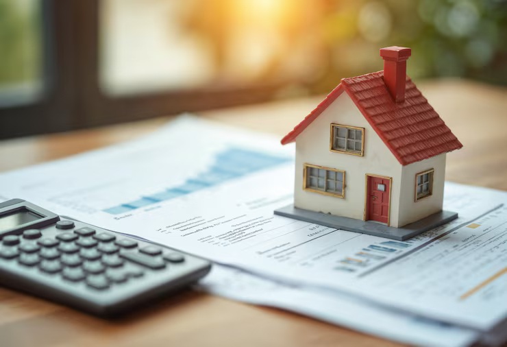 Mortgage points explained - house model with calculator and loan documents showing rate chart
