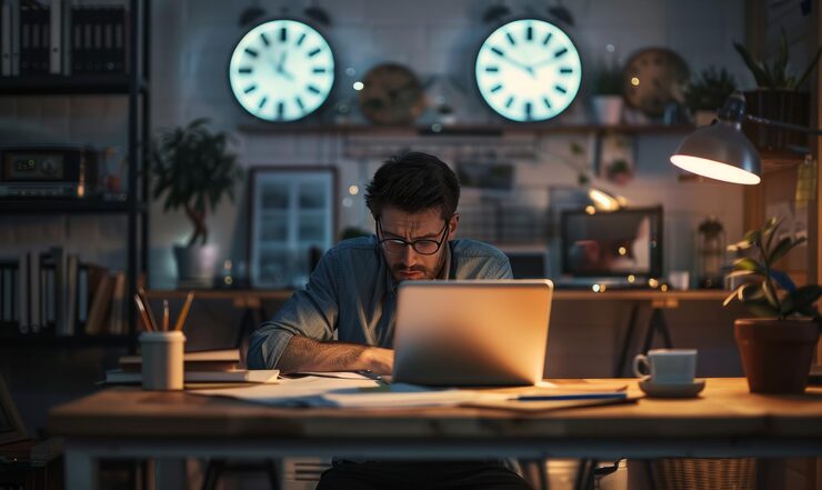 3rd shift hours worker at a laptop with glowing wall clocks at night
