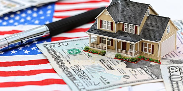 USDA loans house model on American flag with cash