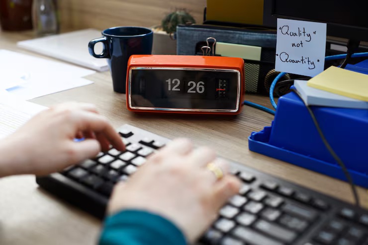 work hours calculator desk setup with clock and keyboard for tracking hours worked with breaks